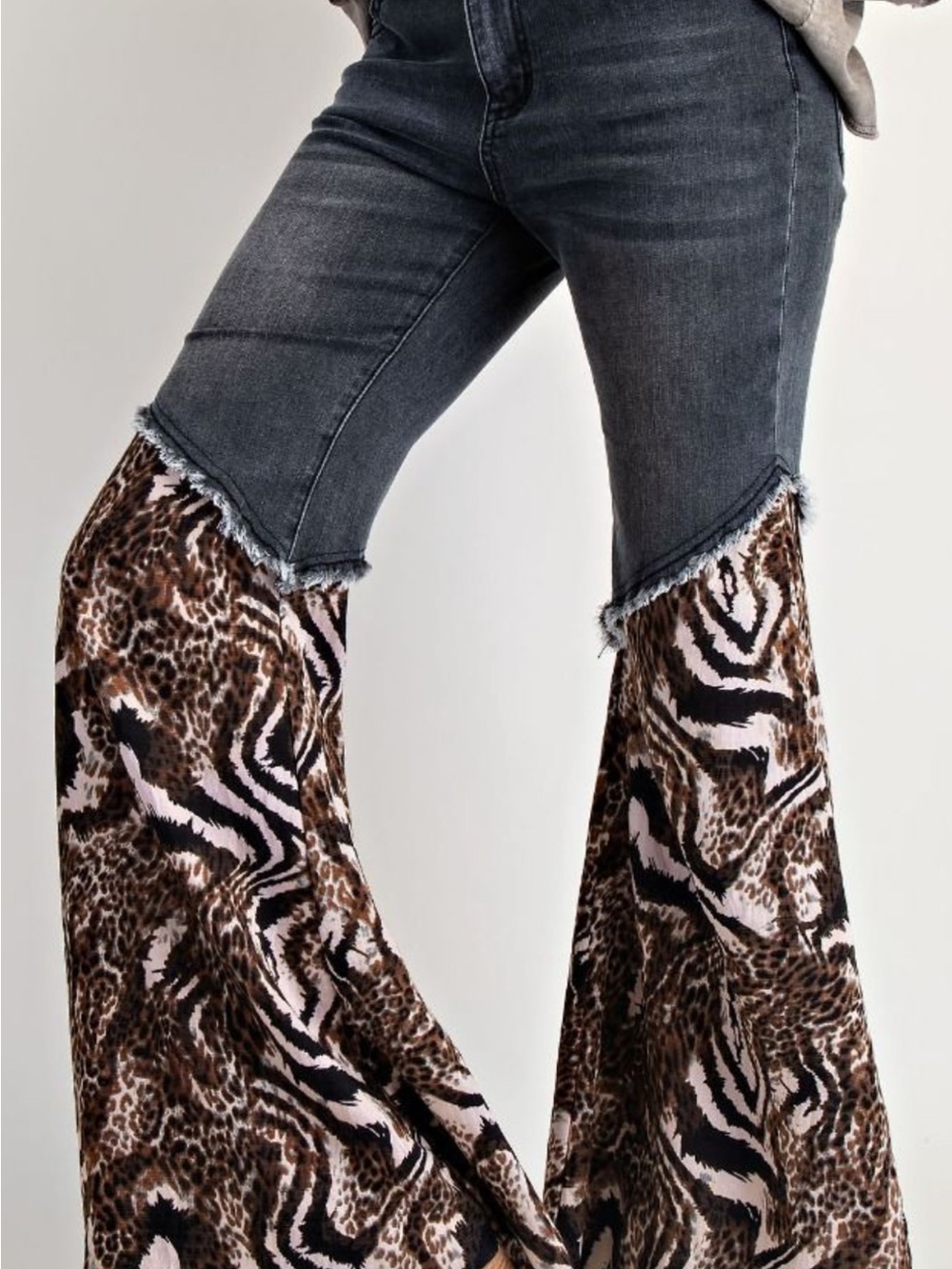 easel Black Denim Flare Jeans with Brown Animal-Print Panels